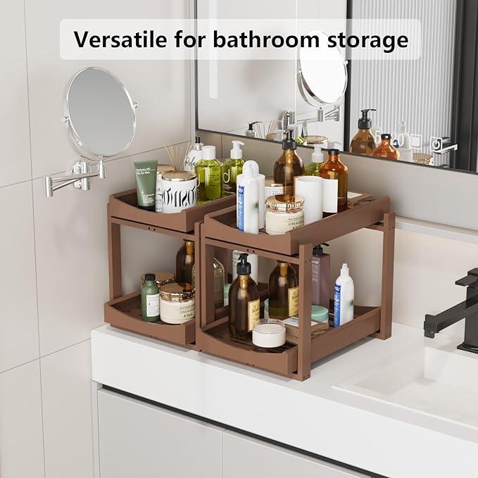 Bamboo Under Sink Organizer Adjustable Height 2 Tier Bathroom Organizer Pull Out Cabinet Storage Kitchen Heave Duty Wood Slide Ou Shelf for Kitchen Bathroom (Brown, 2 Packs) - NeatNest