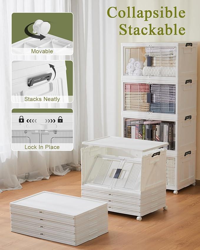 OlarHike 76QT Lockable Storage Bins with Lids - Folding Storage box with Doors and Wheels, Collapsible Plastic Storage Bins for Closets, Stackable Storage Organizer, Storage Containers, 4 Pack Cubes - NeatNest