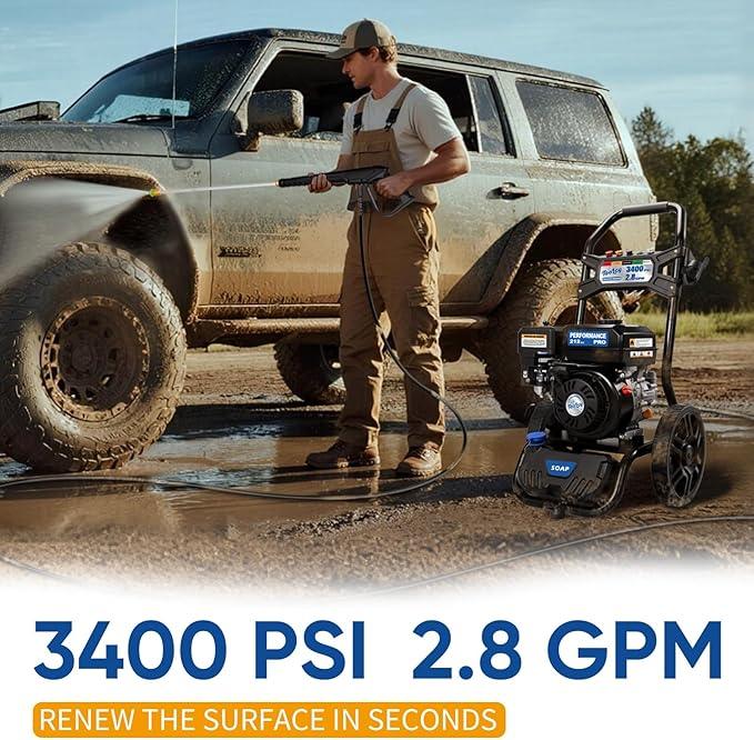 TOOLCY Gas Pressure Washer 3400PSI/2.8GPM Power Washer Upgraded Pump, 30ft Hose, Onboard Soap Tank, Spray Gun &5 Quick-Connect Nozzles for Driveway, Deck, Car Cleaning - NeatNest