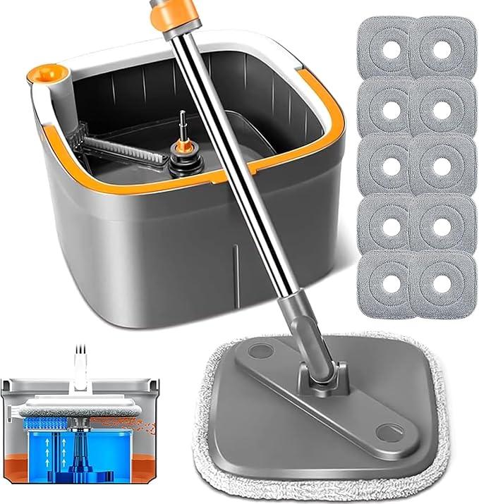 KZKR Spin Mop and Bucket Set with 10 Replaceable Microfiber Mop Pads with Self Separation Dirty and Clean Water System, Self Wringing 360° Rotating Square Mop Head for Hardwood Tile Marble Floors - NeatNest