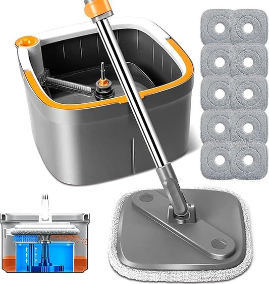 KZKR Spin Mop and Bucket Set with 10 Replaceable Microfiber Mop Pads with Self Separation Dirty and Clean Water System, Self Wringing 360° Rotating Square Mop Head for Hardwood Tile Marble Floors - NeatNest