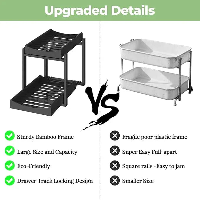 Bamboo Under Sink Organizer and Storage, 2 Pack Pull Out Cabinet Organization, 2 Tier Vertical Slide Out Undersink Storage Shelf, Multi-Purpose Organizer Shelves for Kitchen Bathroom Medicine, Black - NeatNest