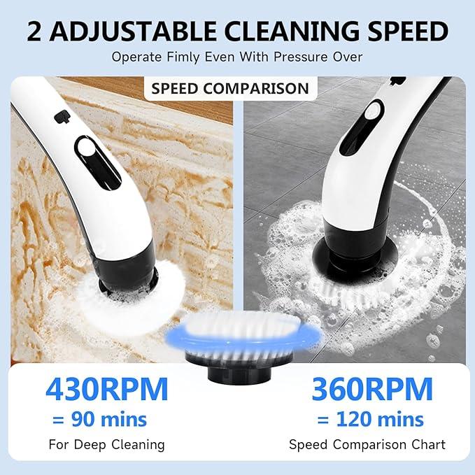 PUNOMO Electric Spin Scrubber, Cordless Waterproof Cleaning Brush with 8 Replaceable Brush Heads - 120Mins Work Time Adjustable Long Handle 2 Speeds 360 Power Scrubber for Bathroom Shower Kitchen Car - NeatNest