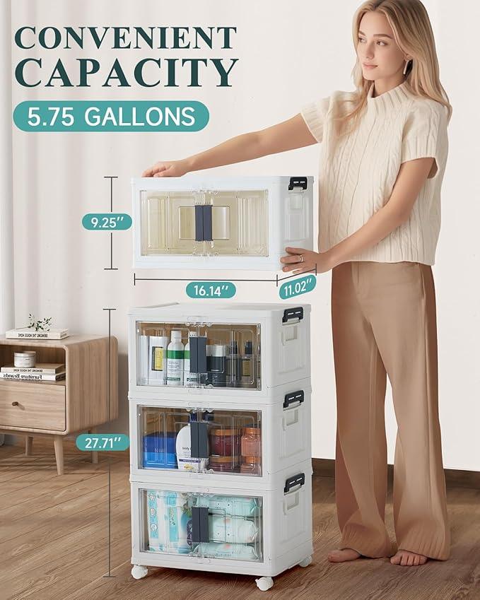 OlarHike 23QT Stackable Storage Bins with Lids - Folding Storage Box with Doors and Wheels, Collapsible Plastic Storage Drawers for Closets, 4 Pack Cubes - NeatNest