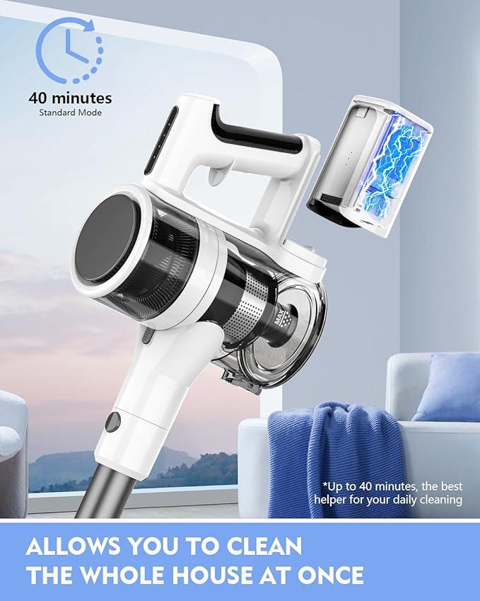Cordless Vacuums, 80,000PRM Powerful Motor Vacuum Cleaner and 2200mAH Rechargeable Battery up to 35 Mins Worktime, 2 Adjustable Modes, Detachable Parts, Wireless Stick Vacuum (Tea White) - NeatNest