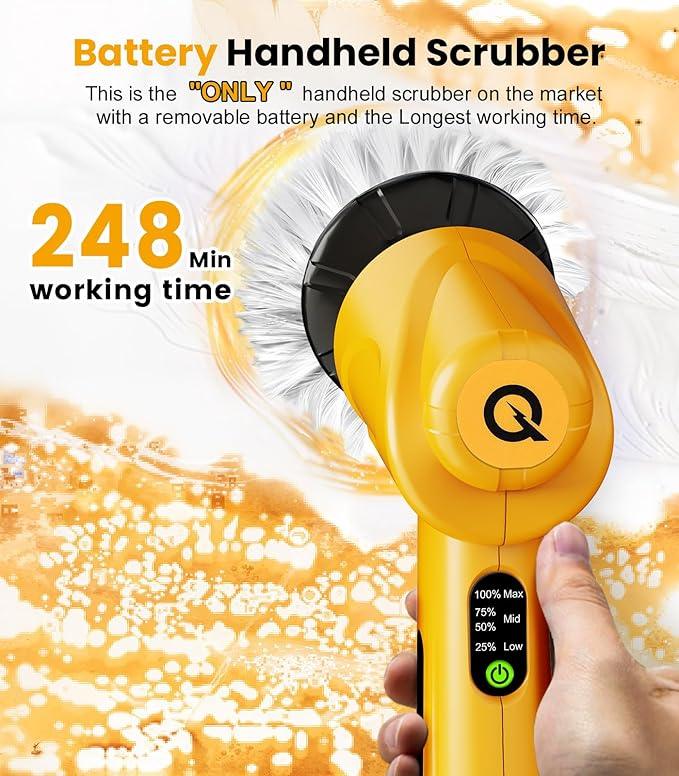 qimedo 5000mAh Battery Electric Spin Scrubber Q4, Handheld Scrubber for Cleaning with Display, Power Dish Scrubber with 5 Heads, Shower Cordless Cleaning Brush Gifts for Mom - NeatNest