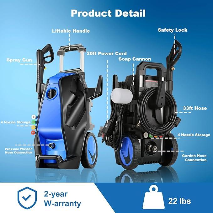 5000 PSI Pressure Washer with 33FT Hose Power Washers Powered Professional High Pressure Cleaner Machine, Foam Cannon, 4 Tips, powerwashers for Home Cars - NeatNest