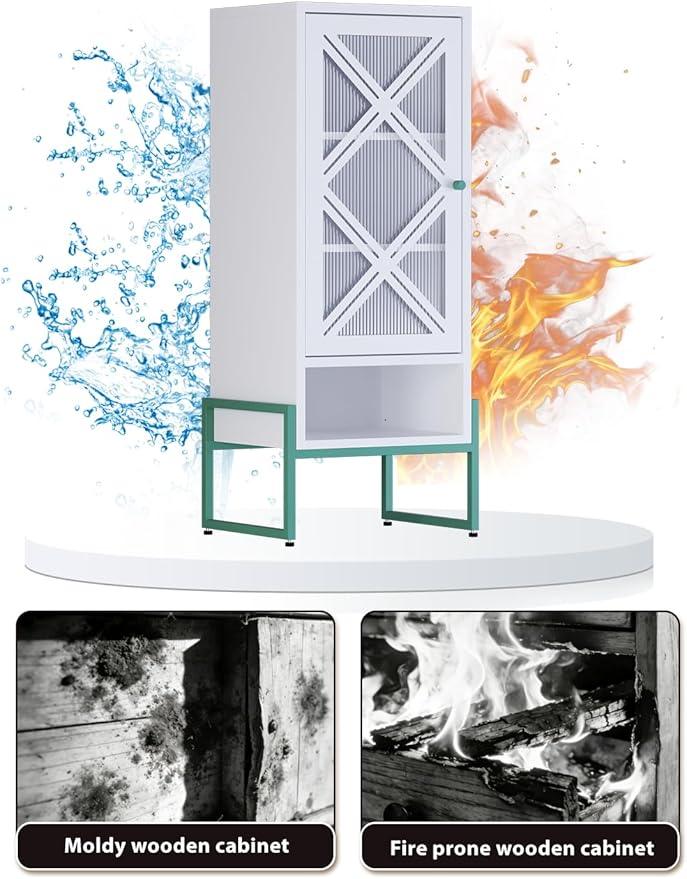 Metal Storage Cabinet with Adjustable Shelves, 42.53"H Freestanding Organizer for Pantry, Kitchen, Bathroom & Laundry Room, Strong & Rust-Resistant, Easy Assembly (White+Green Transparent Door Panel) - NeatNest