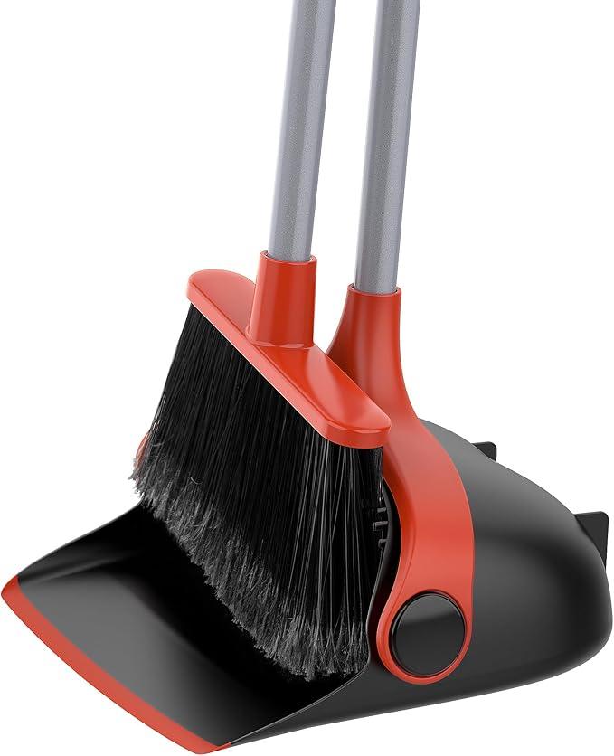 MR.SIGA Broom and Dustpan Set with Long Handle, Stand Upright Broom with Dustpan Combo for Floor Cleaning, Lightweight Sweeping Set for Indoor and Outdoor Use, 51.7"(131 cm) Long Handle, Black & Red - NeatNest