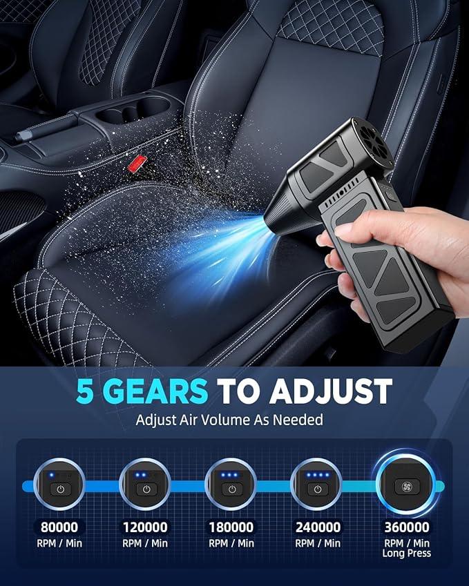Compressed Air Duster, 360000RPM Powerful Electric Air Duster with Brushless Motor, 5-Gear Rechargeable Cordless Air Blower Turbo Fan, Mini Jet Dry Blower for PC, Keyboard, Snow, Car, Outdoors - NeatNest