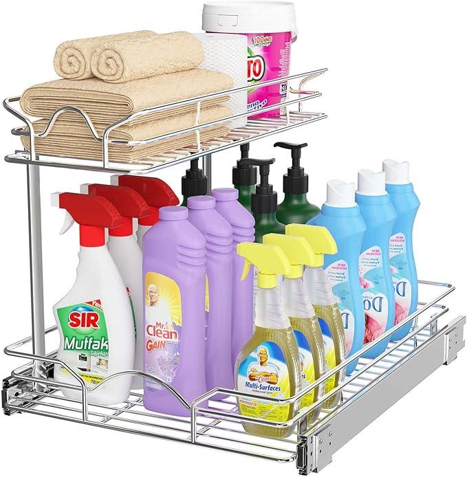 OCG Under Sink Cabinet Organizer Two Tier Pull Out Shelf (14.75W x 21D), Under Sink Sliding Shelf for Kitchen Bathroom Cabinet 2 Tier Chrome - NeatNest