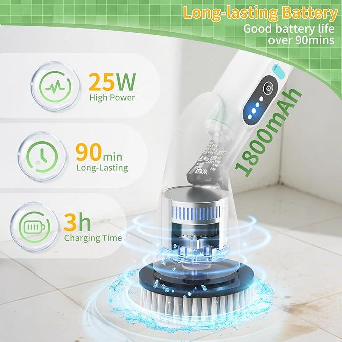 Electric Spin Scrubber - Household Cleaning Brush with 8 Heads, 51.2in Extendable Pole Bathroom Scrubber for Stubborn Grease on Grill, Stovetop & Bathtub, 90Min Runtime - Type B - NeatNest