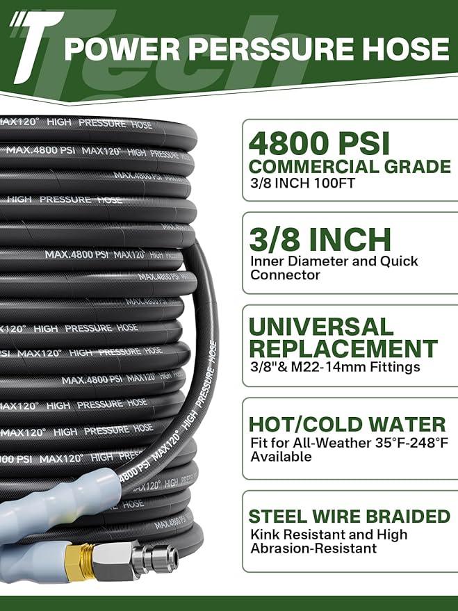 3/8" 4800PSI Pressure Washer Hose 100FT with Swivel Quick Connect for Cold/Hot Water Max 248°F, Kink Resistant Steel Wire Braided, Wear Resistant Power Washer Hose with M22 14mm Adapter - NeatNest