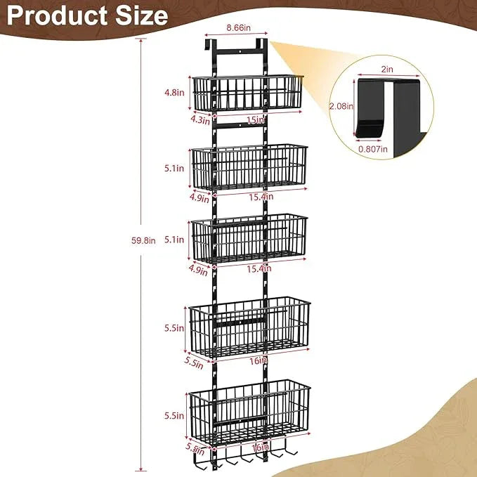 Adjustable Over The Door Organizer, Metal Hanging Door Organizer with 5 Wire Basket 7 Hooks, Wall Mounted Shelf for Pantry Laundry Organization and Storage, Black - NeatNest