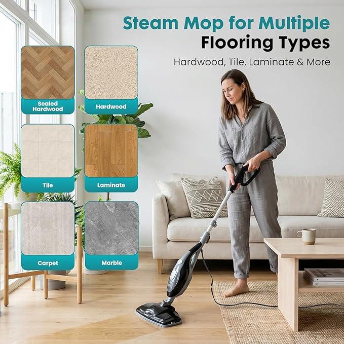 Steam Mop, Handheld Steam Cleaner with 2 Washable Pads, Floor Steamer for Hardwood and Tile, Multipurpose Floor Cleaner Machine for Carpets, Furniture, Windows, Black and Grey - NeatNest