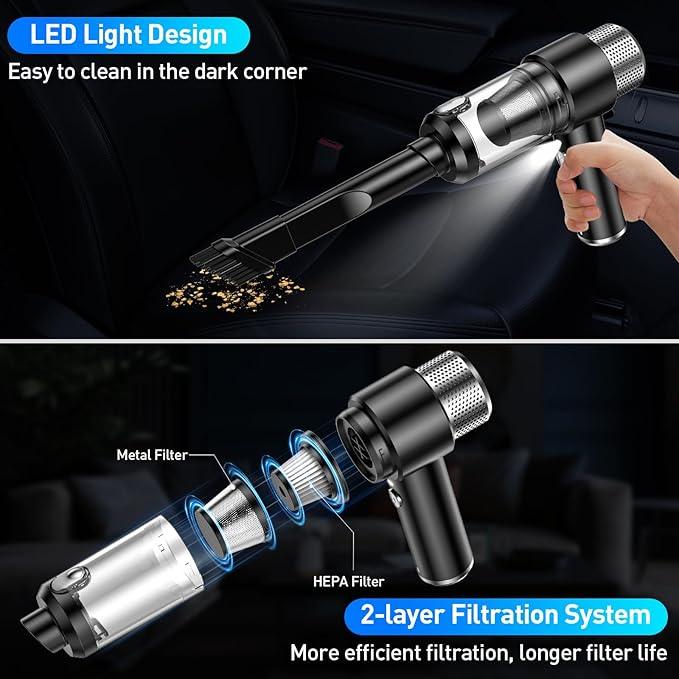 Mini Vacuum Cleaner, 16000PA Car Vacuum Cleaner Portable Cordless with LED Light, 4 in 1 Air Duster and Handheld Small Vacuum Rechargeable for Car, Home, Office, Pet（Black） - NeatNest