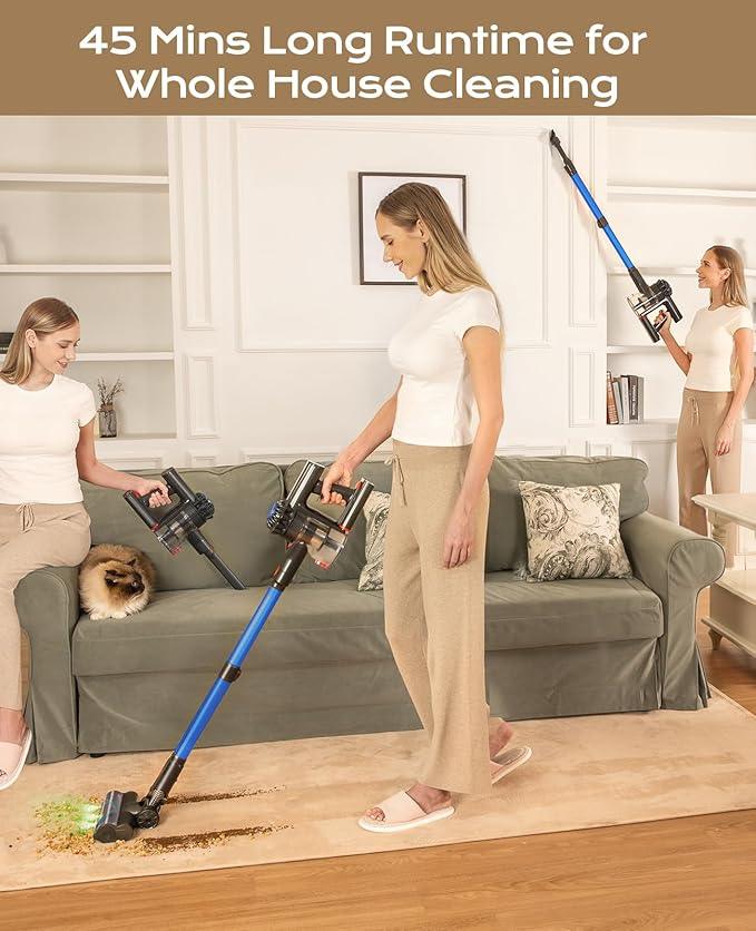 Cordless Vacuum Cleaner, 450W 40KPA Vacuum Cleaners for Home, 45Mins Lightweight Stick Vacuum with Advanced Green Light Tech, Rechargeable Battery Vacuum for Carpet,Pet Hair,Hardwood Floor - NeatNest