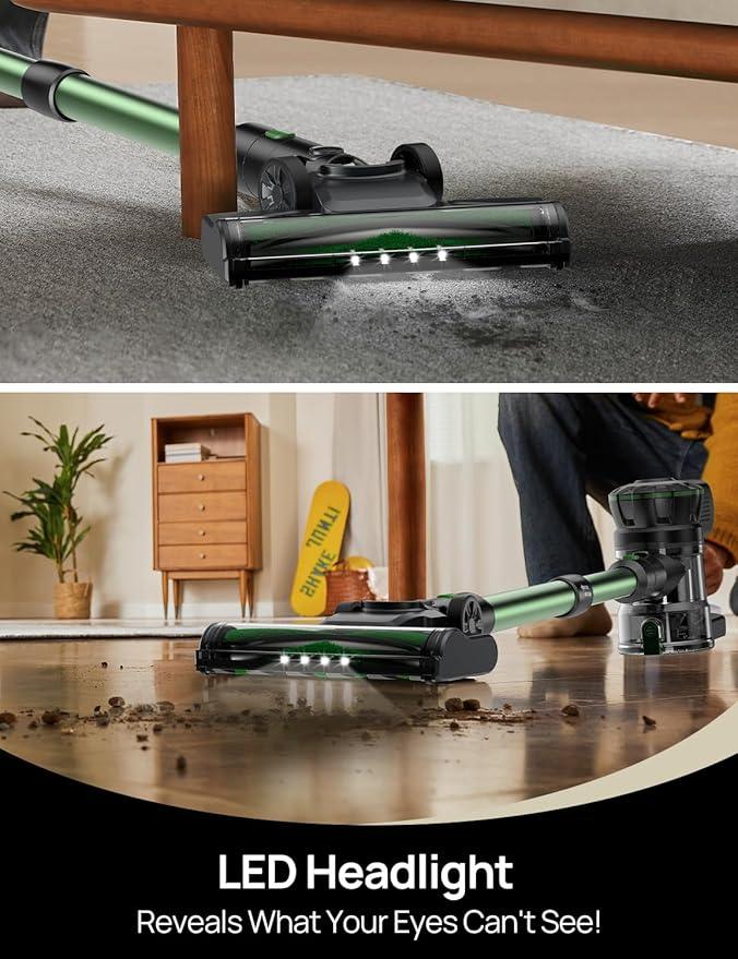 Vexilar Cordless Vacuum Cleaner, 550W/45Kpa/60Mins, Cordless Stick Vacuum Cleaner with Self-Standing and Touch Screen, 6-in-1 Lightweight, Rechargeable Vacuum for Pet Hair Carpet Hardwood (Green) - NeatNest