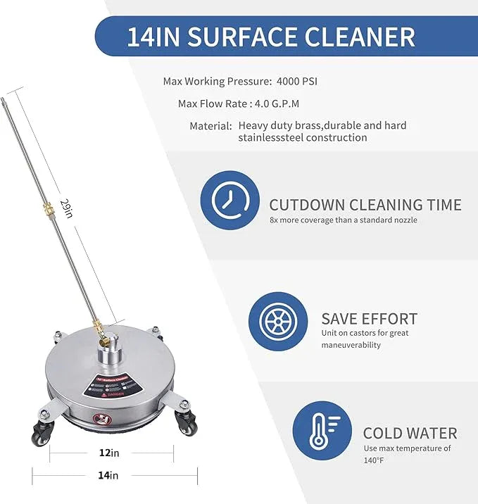 Biswing 14" Pressure Washer Surface Cleaner with 4 Wheels, Stainless Steel Power Washer Accessory for Driveways Sidewalks Patios Cleaning, 1/4" Quick Connector, 2 Extension Wand Attachments, 4000 PSI - NeatNest