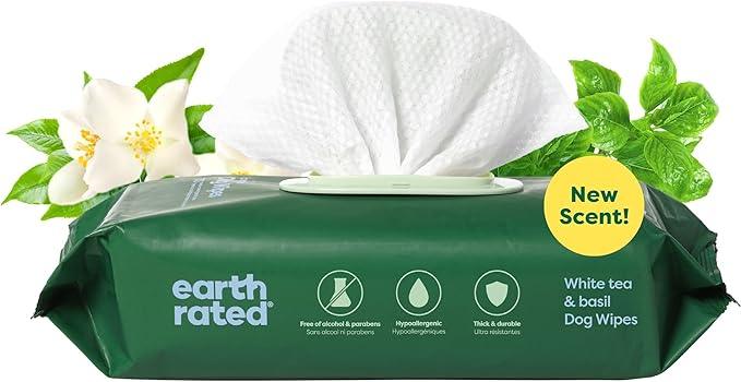 Earth Rated Pet Wipes for Dogs and Cats, Hypoallergenic, 3-in-1 Cleaning, Deodorizing and Hydrating, for Grooming Paws, Body and Butt, New White Tea and Basil Scent, 100 Count - NeatNest