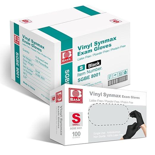 Basic Disposable Medical Synmax Vinyl Exam Gloves- 4 mil Safty Glove 1000pcs - Latex-Free & Powder-Free - SGBE 8001, Small (Case of 1000, Black) - NeatNest