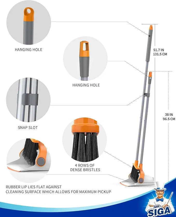 MR.SIGA Broom and Dustpan Set with Long Handle, Stand Upright Broom with Dustpan Combo for Cleaning Office, Garage, Lobby, Lightweight Sweeping Set, 51.7"(131 cm) Long Handle, White & Orange - NeatNest