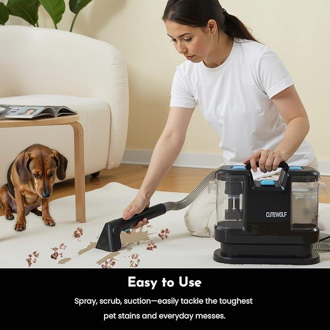 Cutewolf Portable Carpet and Upholstery Cleaner, Powerful Suction Carpet Cleaner with Dual Brush Heads, Deep Stain, Spot & Odor Remover for Carpets, Area Rugs, Couches, Auto Interior (Black) - NeatNest