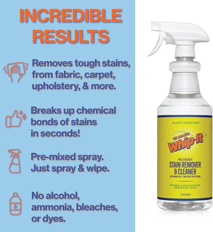 Whip It Cleaner, Multi Purpose Stain Remover Professional Strength Spray, Plant Based Enzyme Cleaner, Cleaning Food, Coffee, Wine, Baby Stains, Pet Stains, Over 500 uses, Made in USA, 32 OZ - NeatNest