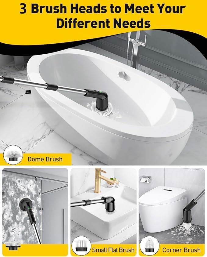 Electric Spin Scrubber for Cleaning Bathroom, Shower Scrubber Cordless Cleaning Brush with IPX7 Waterproof & 2 Speed, 3 Brush Heads, Bathroom Cleaning Supplies for Toilet Shower Tub Black - NeatNest