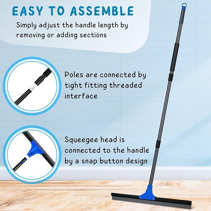 Floor Squeegee for Concrete and Tile Cleaning, 24'' Rubber Wiper Broom, Large Heavy Duty Water Scraper with 60'' Long Handle for Garage, Deck, Bathroom, Shower Glass, Window - NeatNest