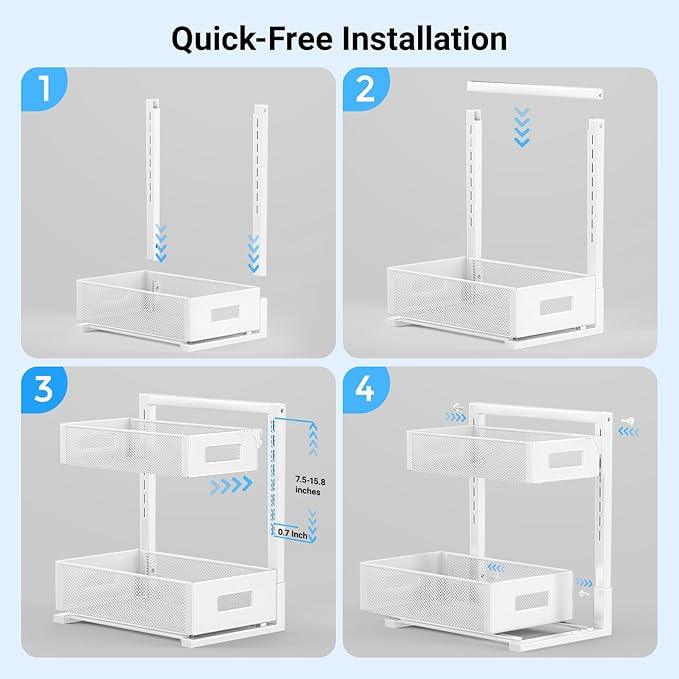 Pull-out Under Kitchen Sink Organizer, Metal Functional Under Sink Organizer, Height Adjustable Under Bathroom Sink Organizer, Under Sink Storage for Kitchen Bathroom Cabinet (White) - NeatNest