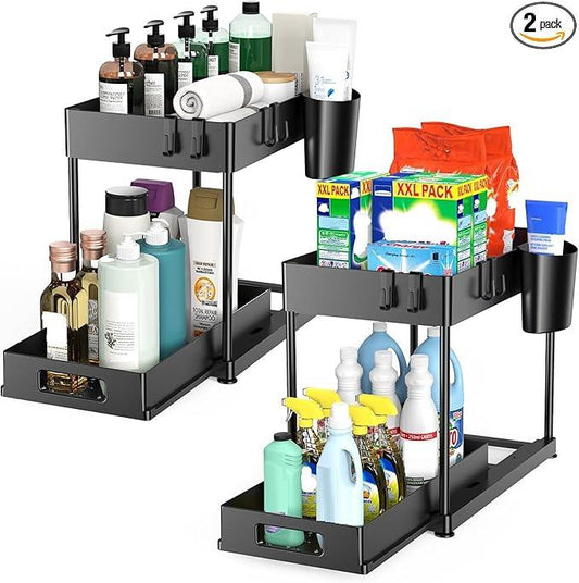 Under Sink Organizers and Storage, 2 Pack Large Capacity Heavy Load Pull-out Under Sink Shelves with Sliding Drawer for Kitchen and Bathroom, Dark Black - NeatNest