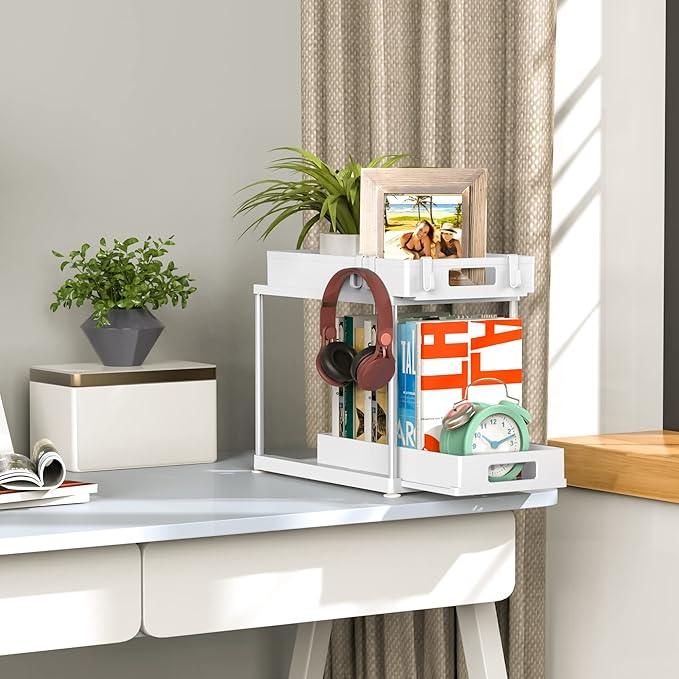 Under Sink Organizers and Storage, 2 Pack Large Capacity Heavy Load Double Pull-out Under Sink Shelves with Sliding Drawer for Kitchen and Bathroom, White - NeatNest