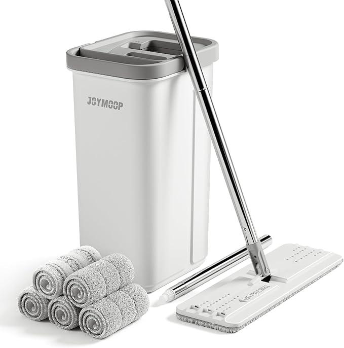 JOYMOOP Mop and Bucket with Wringer Set, Hands Free Flat Floor Mop and Bucket, 60" Mop with 5 Reusable Microfiber Pads, Wet and Dry Use, Floor Cleaning System - NeatNest
