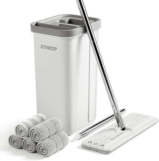 JOYMOOP Mop and Bucket with Wringer Set, Hands Free Flat Floor Mop and Bucket, 60" Mop with 5 Reusable Microfiber Pads, Wet and Dry Use, Floor Cleaning System - NeatNest