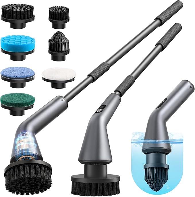 Electric Spin Scrubber, IPX7 Waterproof Dual Speed Cordless Cleaning Brush with 7 Brush Heads, Extendable Long Handle Shower Scrubber for Bathroom Shower Bathtub Glass Tub Tile Floor Car - NeatNest