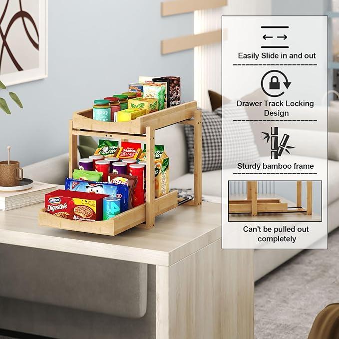 Bamboo Under Sink Organizer and Storage, 2 Pack Pull Out Cabinet Organization, 2 Tier Vertical Slide Out Undersink Storage Shelf, Multi-Purpose Organizer Shelves for Kitchen Bathroom Medicine - NeatNest