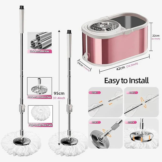 Spin Mop and Bucket with Wringer Set for Home,360° Mop and Bucket with Separate Clean and Dirty Water,Wet Dust Mop for Floor Cleaning with Extra Refills (Pink) - NeatNest