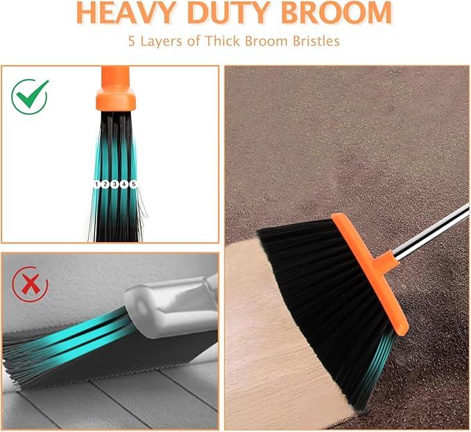 2-Pack Broom and Dustpan Set with Long Handle, Heavy Dust Broom and Dustpan Combo for Home，Kitchen, Office, Pet Hair (Brown Orange) - NeatNest