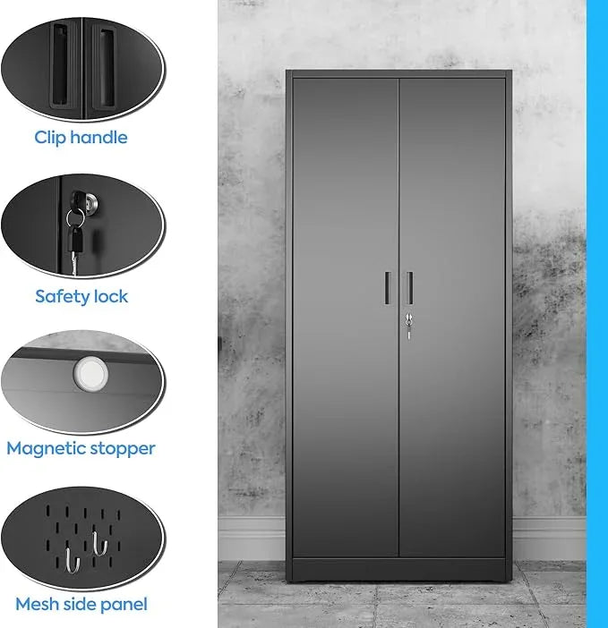 SUXXAN Broom Closet Storage Cabinet, 61.6" x 11.7" x 27.5" Metal Cleaning Cabinets with Hooks and Hanging Rods, Lockable Cabinet with Pegboard, Adjustable Shelf,for Garage, Laundry Room - NeatNest