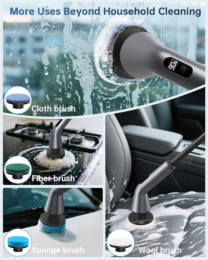 Electric Spin Scrubber, IPX7 Waterproof Dual Speed Cordless Cleaning Brush with 7 Brush Heads, Extendable Long Handle Shower Scrubber for Bathroom Shower Bathtub Glass Tub Tile Floor Car - NeatNest