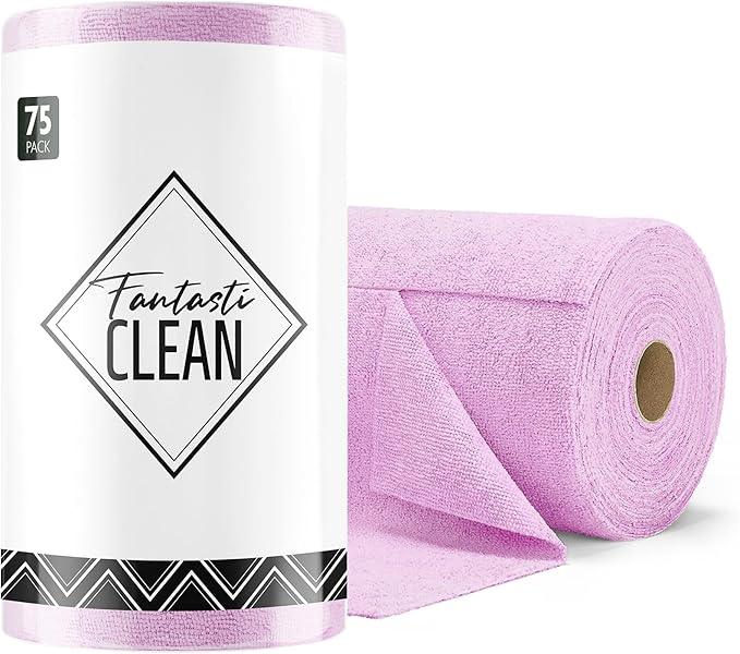 Fantasticlean Microfiber Cleaning Cloth Roll -75 pack, Tear Away Microfiber Towels, 12" x 12", Reusable, Washable, Scratch Free, Ultra Absorbent Dishcloth for Home Supplies, Car, Pet, Kitchen (Purple) - NeatNest