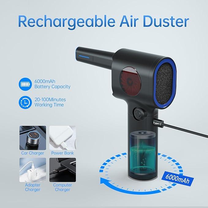 ATEngeus Compressed Air Duster, Stepless Speed Electric Air Duster with Storage Case, Cordless Air Duster with LED Replace Canned Air, 6 Accessories Air Blower, Keyboard Cleaner for Car, PC, Home - NeatNest