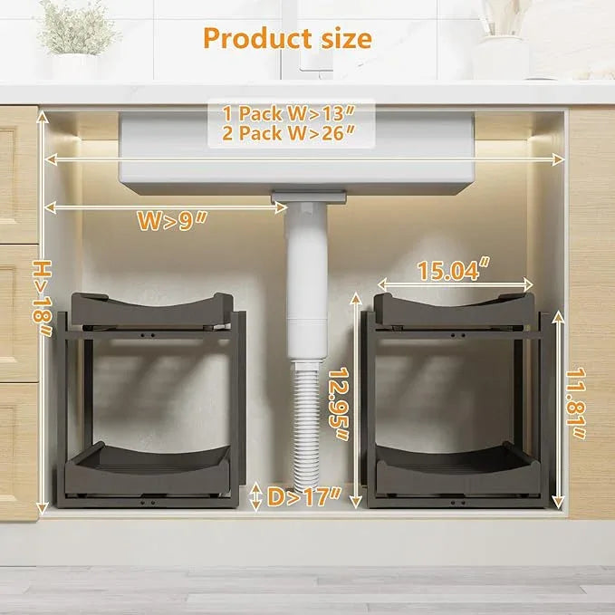 Bamboo Under Sink Organizer Adjustable Height 2 Tier Bathroom Organizer Pull Out Cabinet Storage Kitchen Heave Duty Wood Slide Ou Shelf for Kitchen Bathroom (Black, 2 Packs) - NeatNest