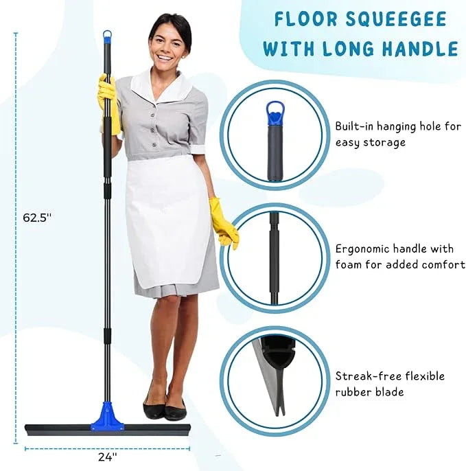 Floor Squeegee for Concrete and Tile Cleaning, 24'' Rubber Wiper Broom, Large Heavy Duty Water Scraper with 60'' Long Handle for Garage, Deck, Bathroom, Shower Glass, Window - NeatNest