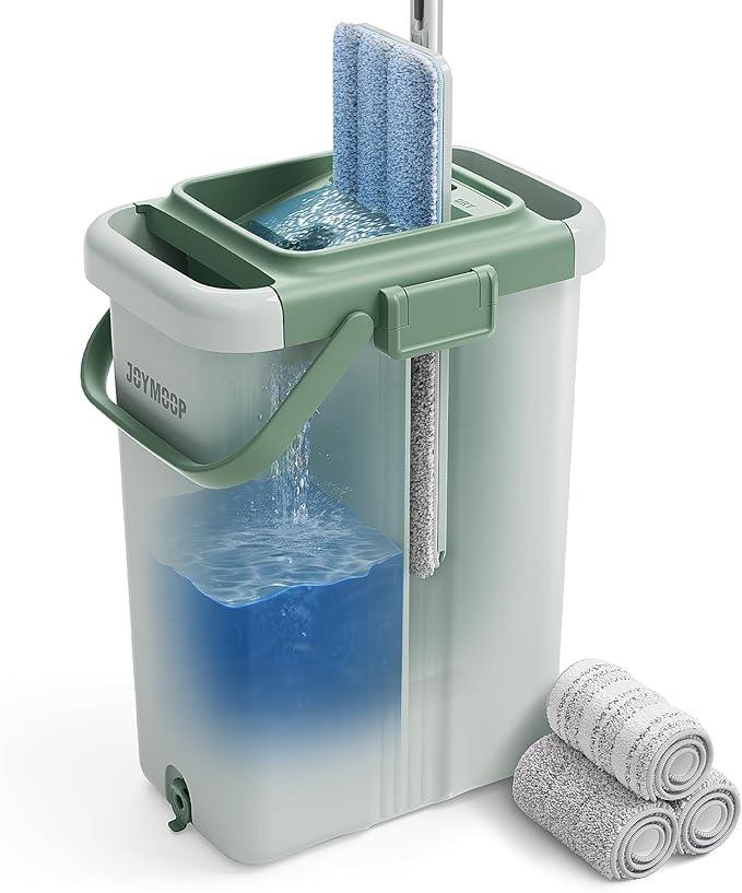 JOYMOOP Mop and Bucket with Wringer Set, Flat Squeeze Mop with Bucket (X-Large), Dust Mop for Wall Cleaner with Long Handle, Microfiber Mop - Green Bucket with 3 Reusable 15" Pads - NeatNest