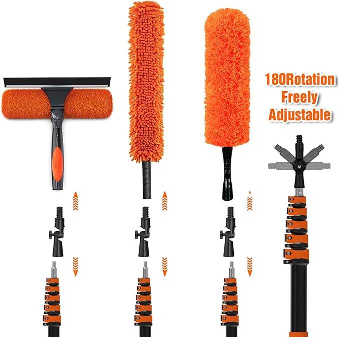 30FT High Ceiling Duster Kits with 5-24FT Telescoping Extension Pole - Fan Blade Cleaner, Cobweb Remover & Window Cleaning Kit, Washable Dust Brush for High Roof and Glass Surfaces - NeatNest