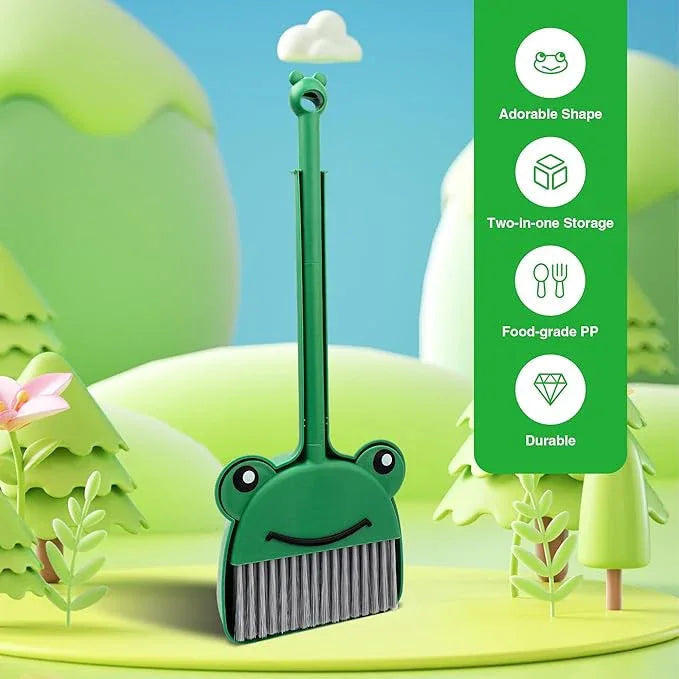 Children's Small Broom Dustpan Set Green Frog Mini Household Cleaning and Pretend Play Set - NeatNest