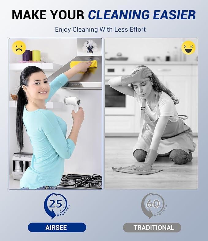 AIRSEE Cordless Electric Spin Scrubber, Handheld Power Shower Cleaner Brush, 2 speeds, 6 Replaceable Brush Heads for Cleaning Floor, Window, Bathroom, Kitchen, for Elderly & Busy Family - NeatNest