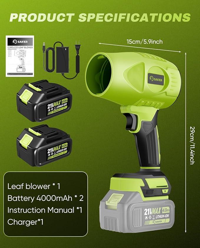 Saker Cordless Leaf Blower Portable Dust Cleaner Handheld Blowers 2 x 4.0Ah Batteries 180000 RPM Air Duster with Adjustable Speed for Drying Patio Cleaning Green - NeatNest